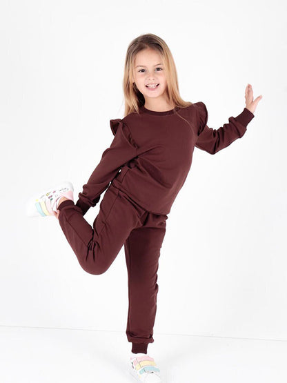 Girl's Ruffle Detailed Trendy Tracksuit Set Cotton Ak2515