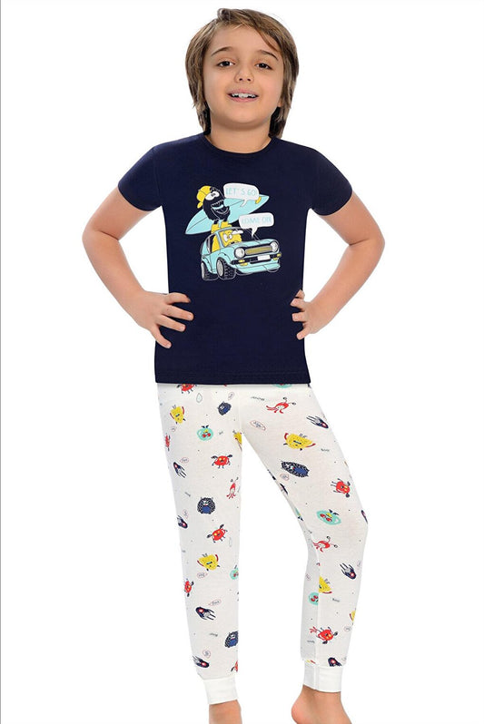 Cotton Short Sleeve Patterned Boy Pajama Set with Banded Legs