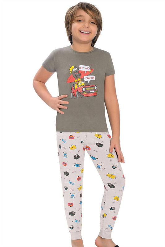 Cotton Short Sleeve Patterned Boy Pajama Set with Banded Legs