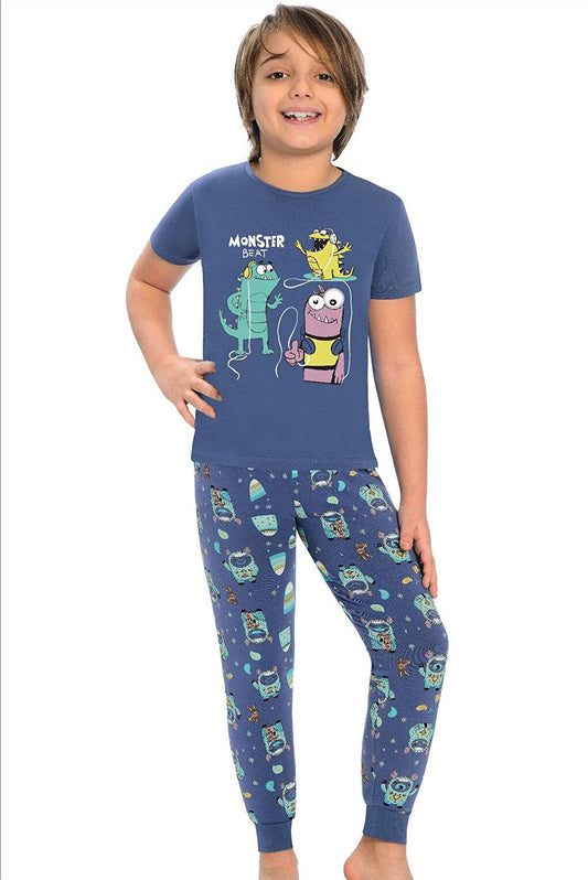 Cotton Short Sleeve Patterned Boy Pajama Set with Banded Legs