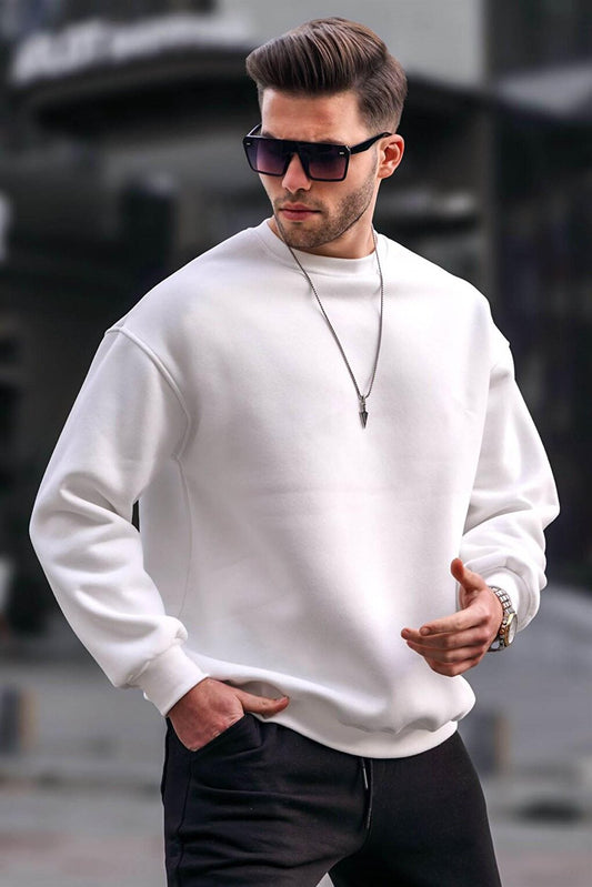 Ecru Crew Neck Oversize Basic Men's Sweatshirt 6048