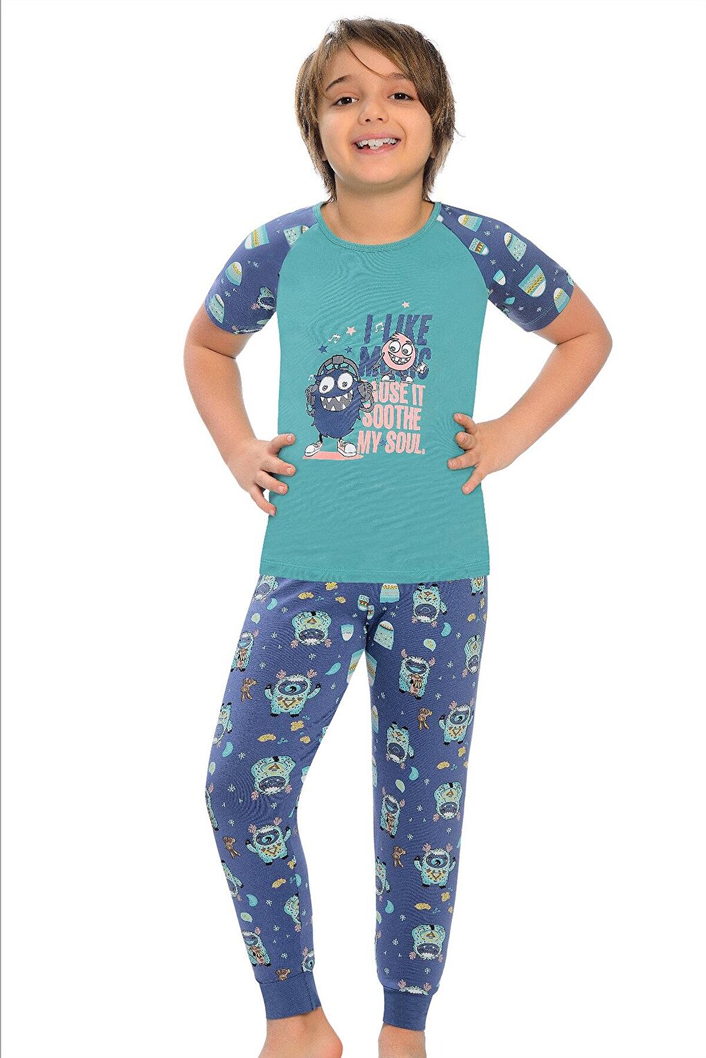 Cotton Short Sleeve Patterned Boy Pajama Set with Banded Legs