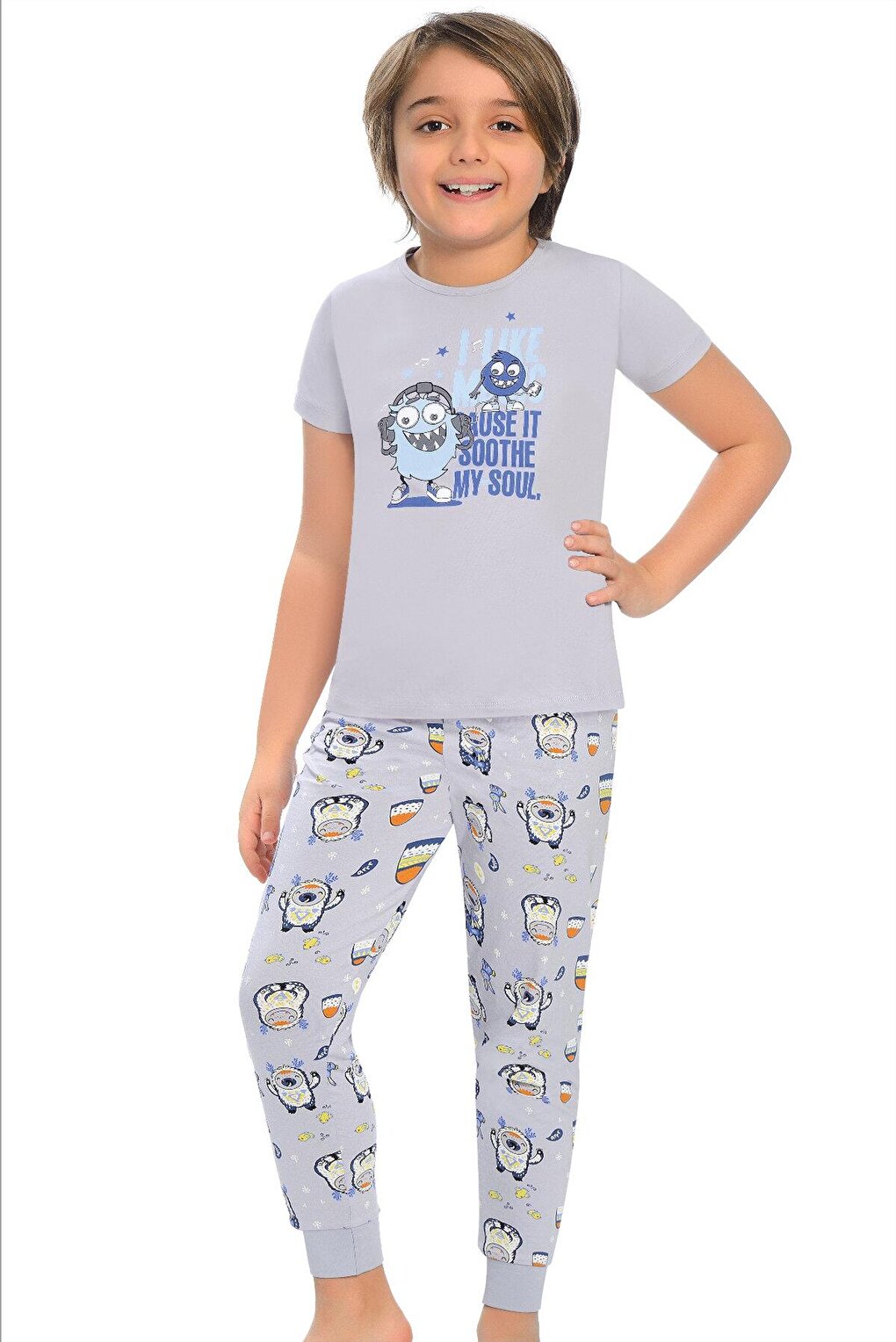 Cotton Short Sleeve Patterned Boy Pajama Set with Banded Legs