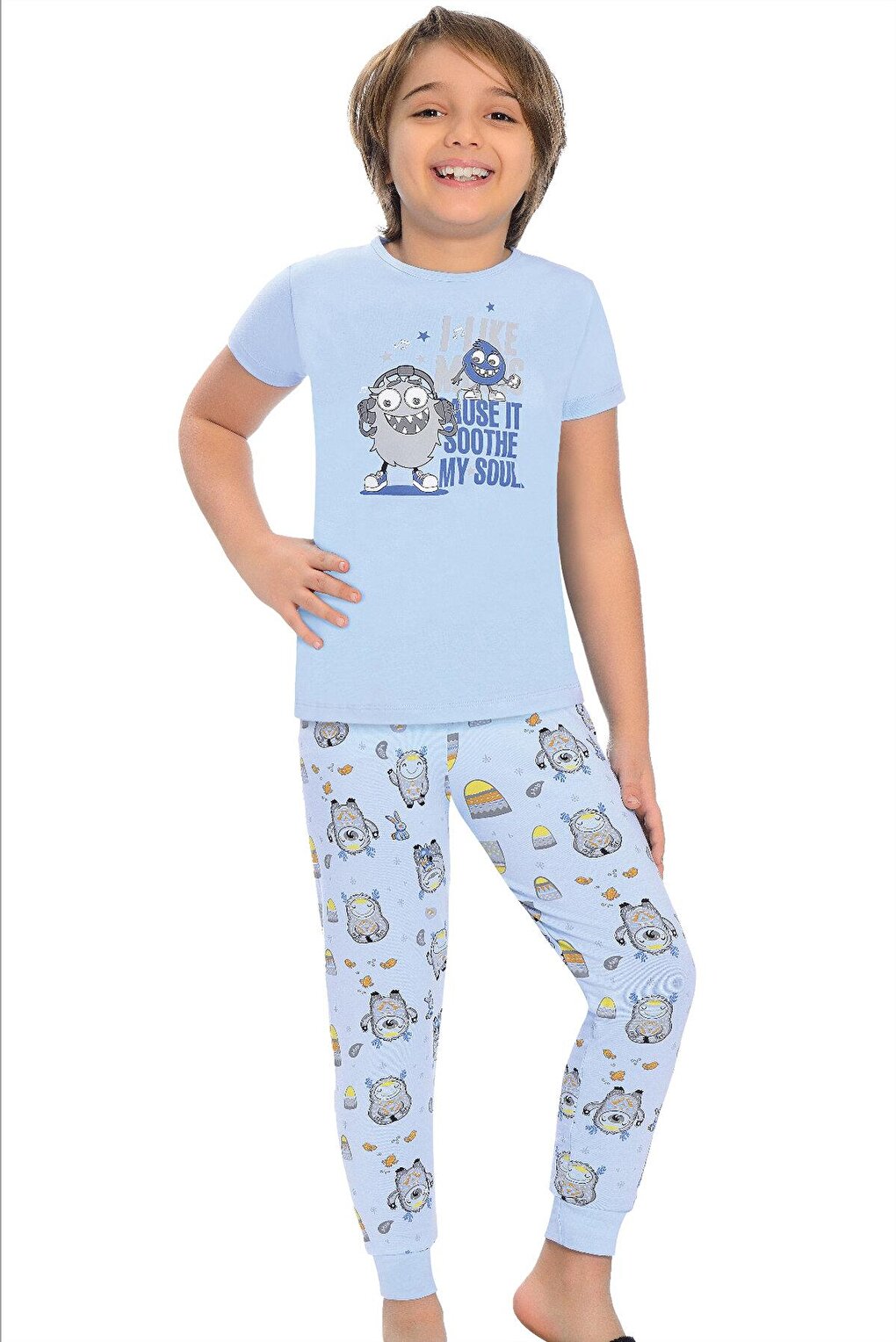 Cotton Short Sleeve Patterned Boy Pajama Set with Banded Legs