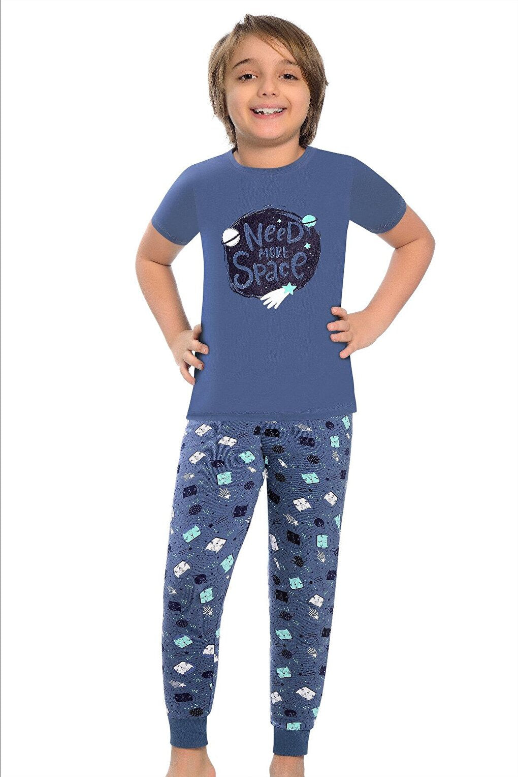 Cotton Short Sleeve Patterned Boy Pajama Set with Banded Legs