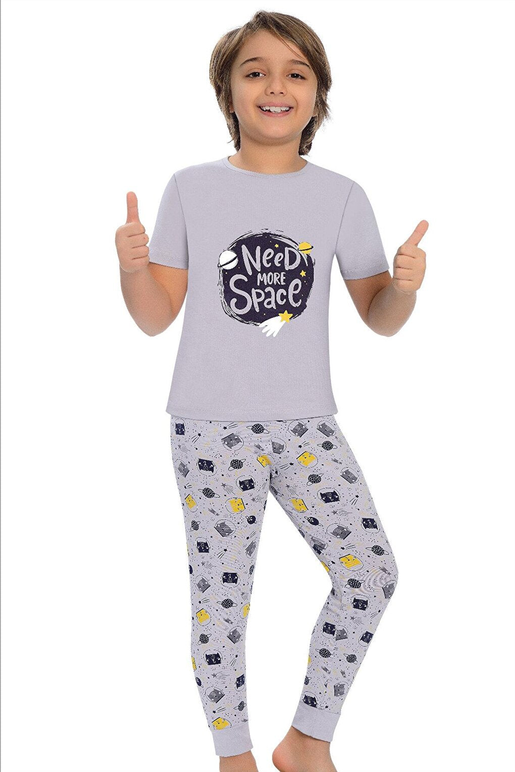 Cotton Short Sleeve Patterned Boy Pajama Set with Banded Legs