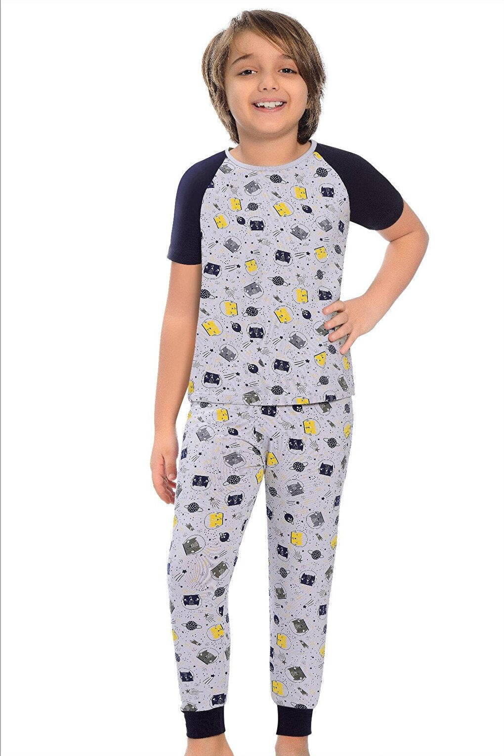 Cotton Short Sleeve Patterned Boy Pajama Set with Banded Legs