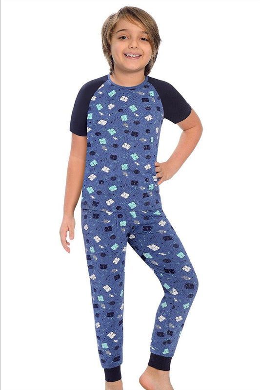 Cotton Short Sleeve Patterned Boy Pajama Set with Banded Legs