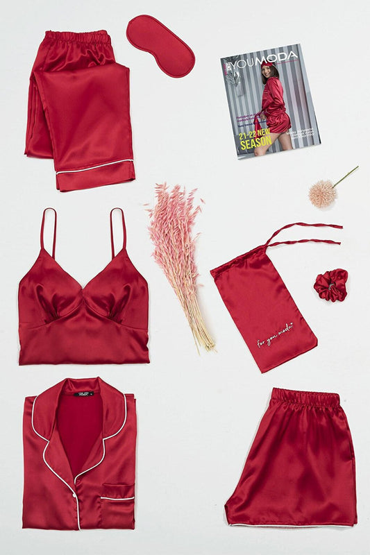 7-Piece Red Pajama Set with Bustier