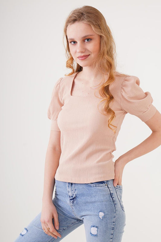 0409 Square Neck Knitted Blouse - Biscuit