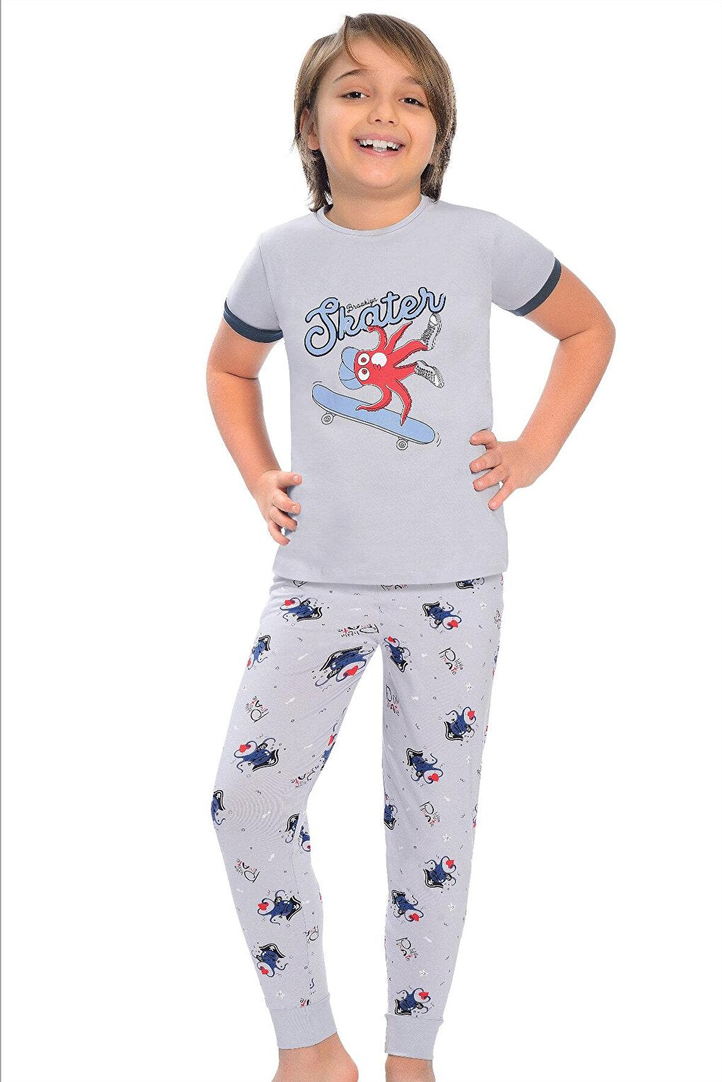 Cotton Short Sleeve Patterned Boy Pajama Set with Banded Legs