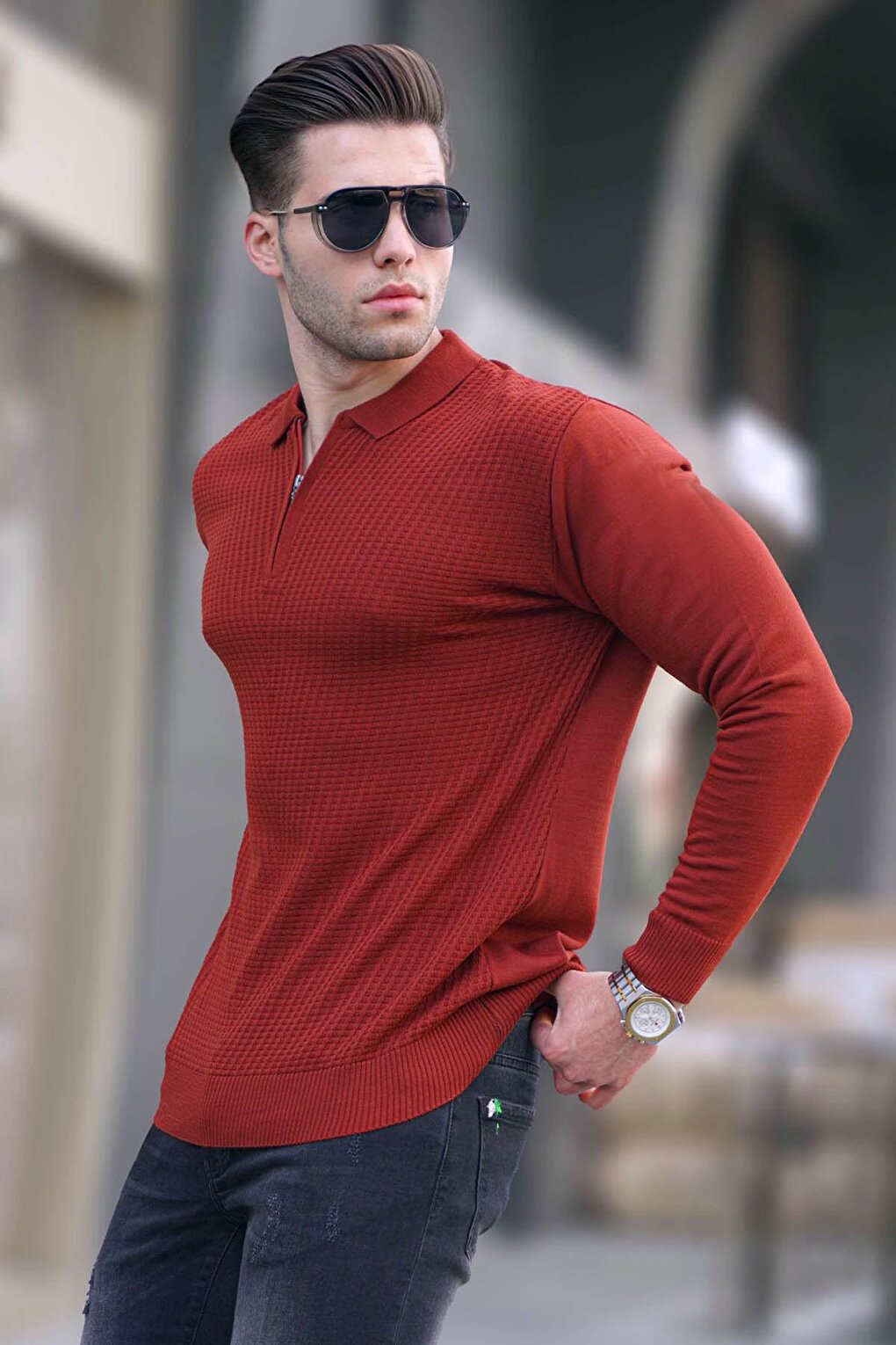 Tile Zipper Polo Neck Knitwear Men's Sweater 5974