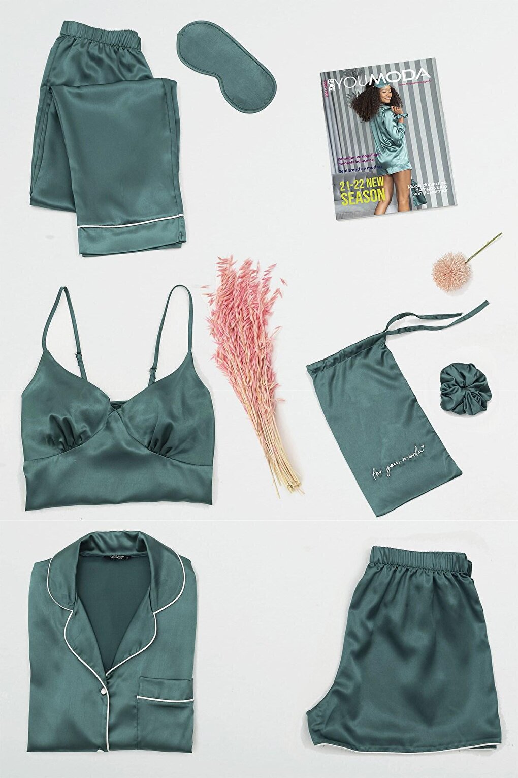 7-Piece Green Pajama Set with Bustier