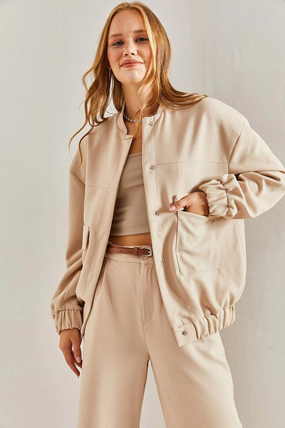 Women's Scuba Crepe Bomber Jacket with Elastic Waist