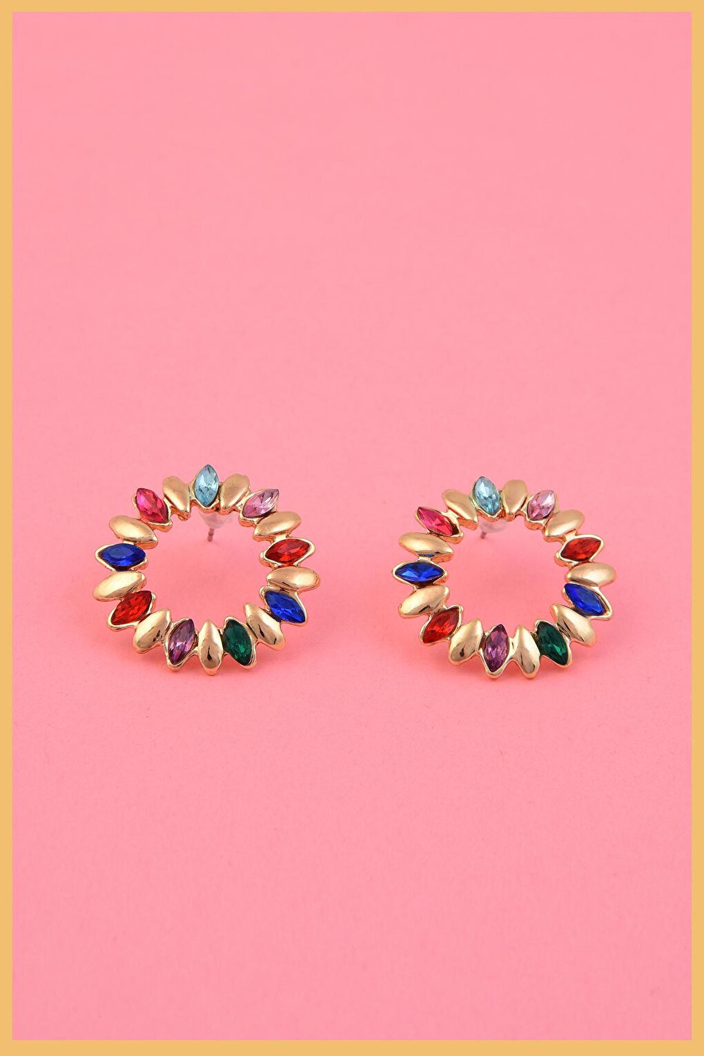 Gold Plated Marquise Hoop Earrings with Colorful Stones