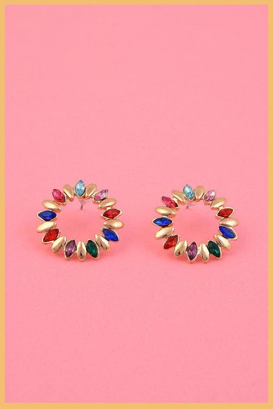 Gold Plated Marquise Hoop Earrings with Colorful Stones