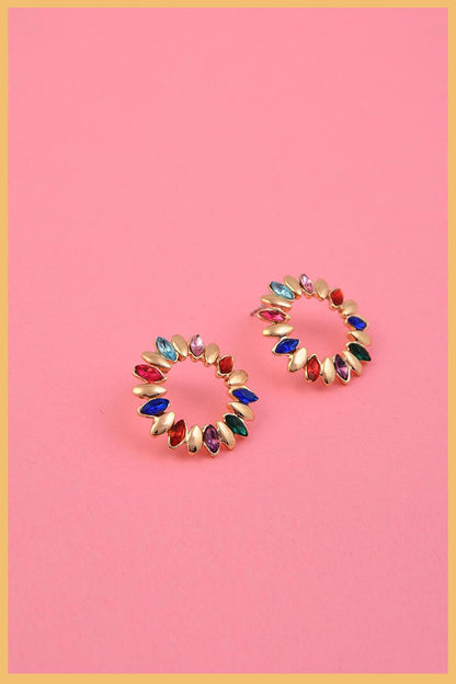 Gold Plated Marquise Hoop Earrings with Colorful Stones