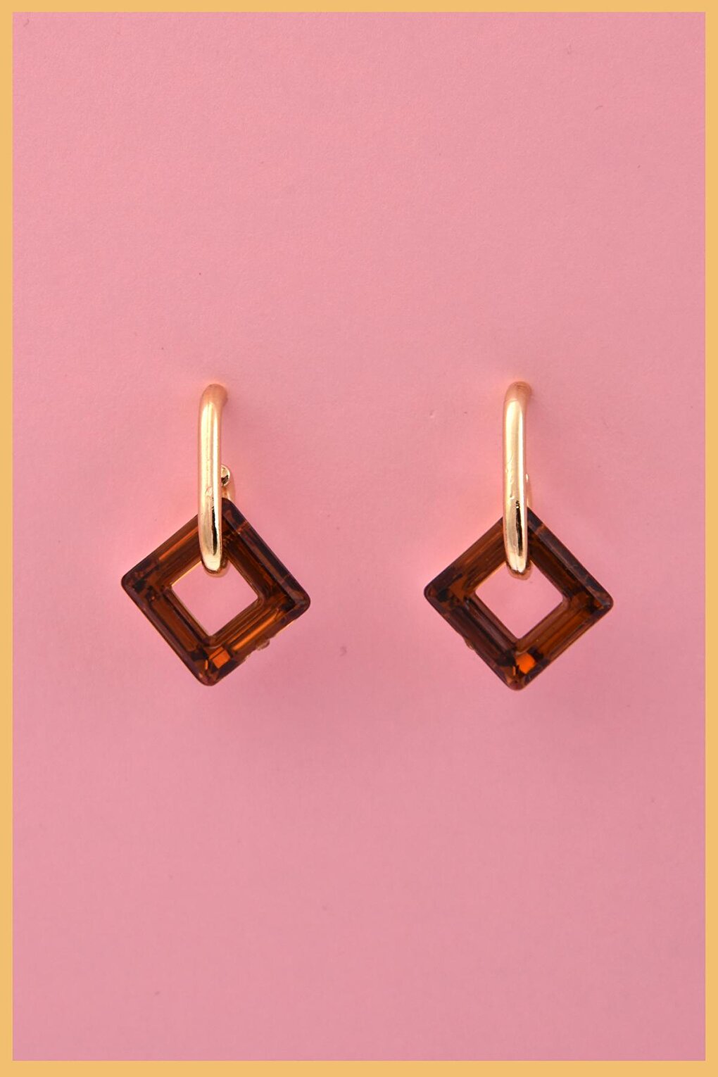 Gold Plated Brown Crystal Square earrings