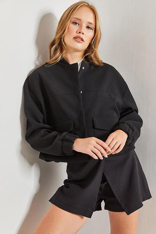 Women's Scuba Crepe Bomber Jacket with Elastic Waist