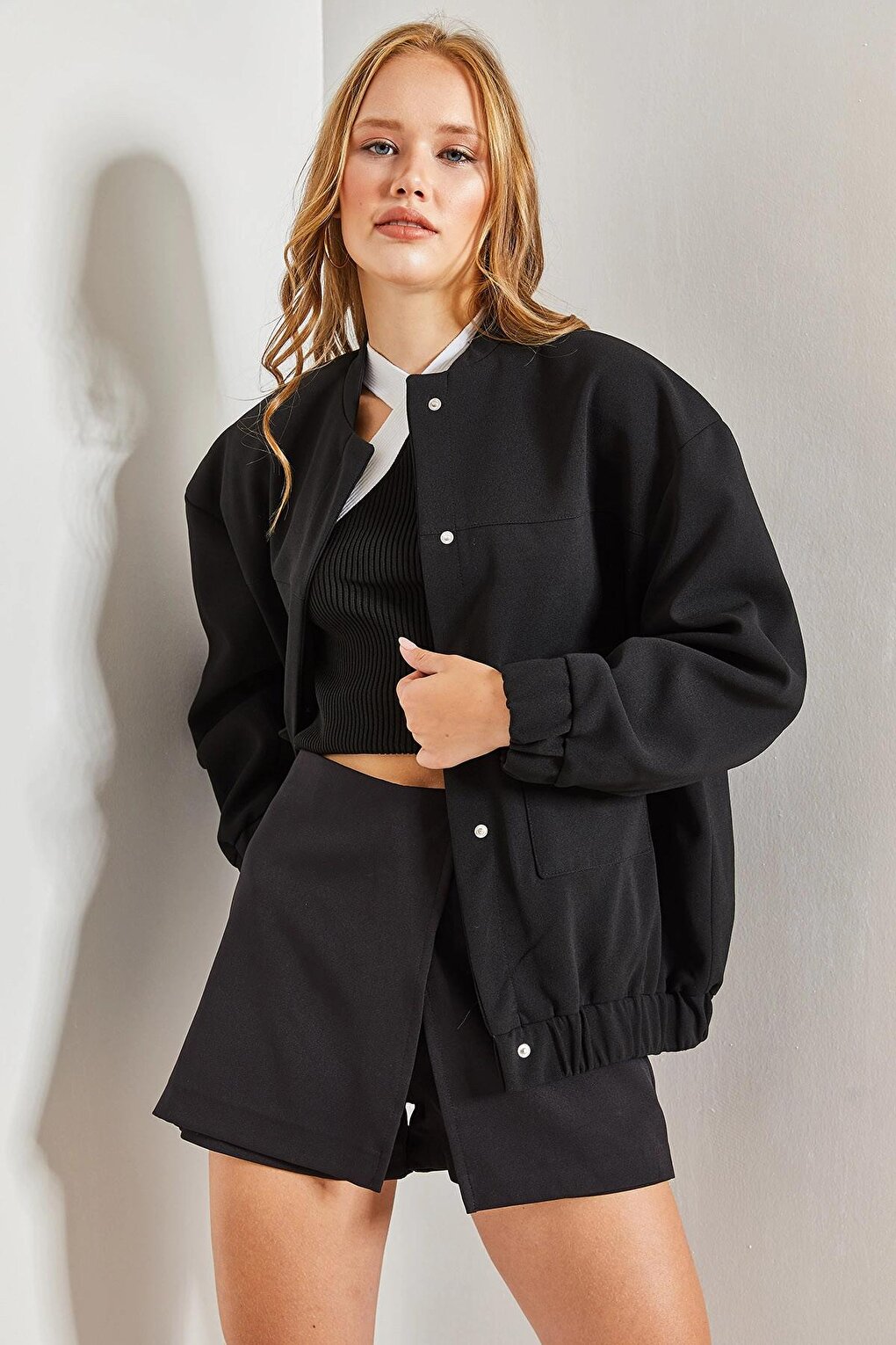 Women's Scuba Crepe Bomber Jacket with Elastic Waist