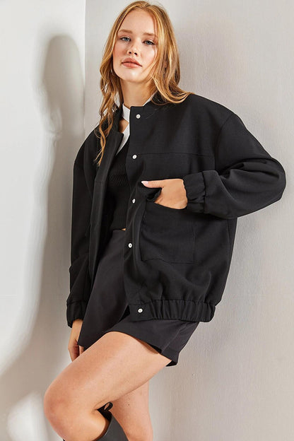 Women's Scuba Crepe Bomber Jacket with Elastic Waist