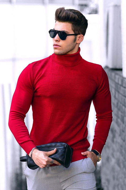 Red Turtleneck Front Patterned Sweater 4657