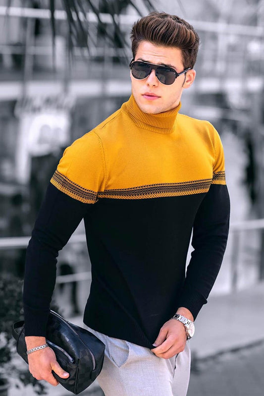 Mustard Color Block Turtleneck Sweater 4675