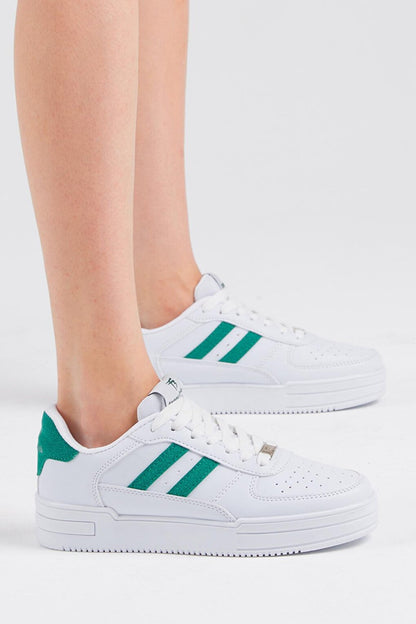 Unisex White Green Side Striped Lace-up Comfortable Mold Sneaker