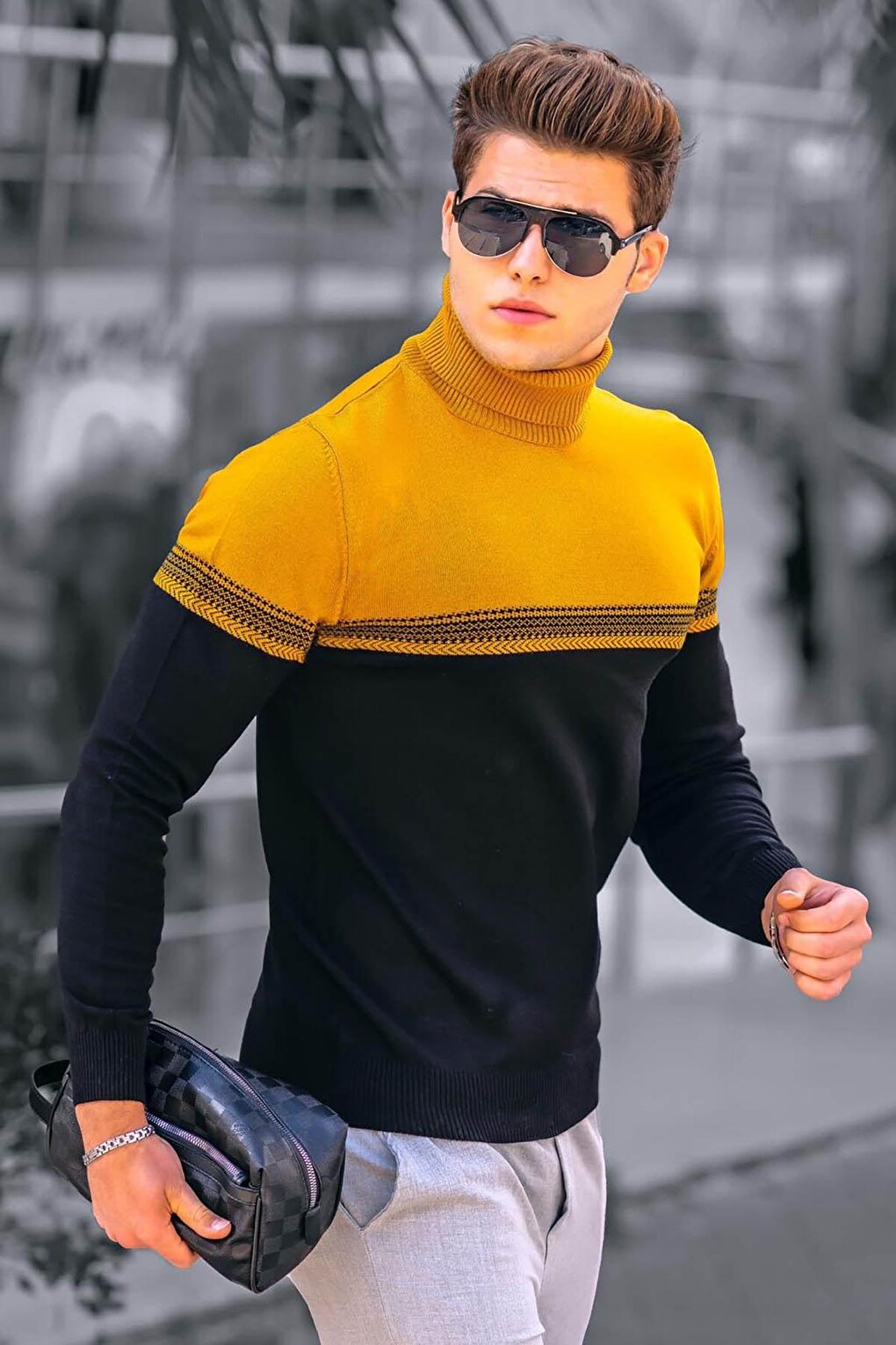 Mustard Color Block Turtleneck Sweater 4675