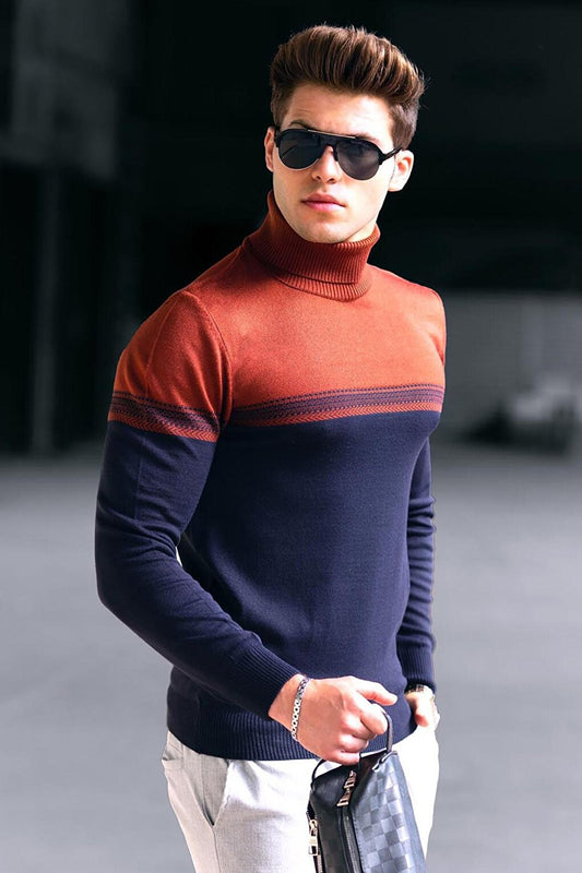 Brick Color Blocked Turtleneck Sweater 4675