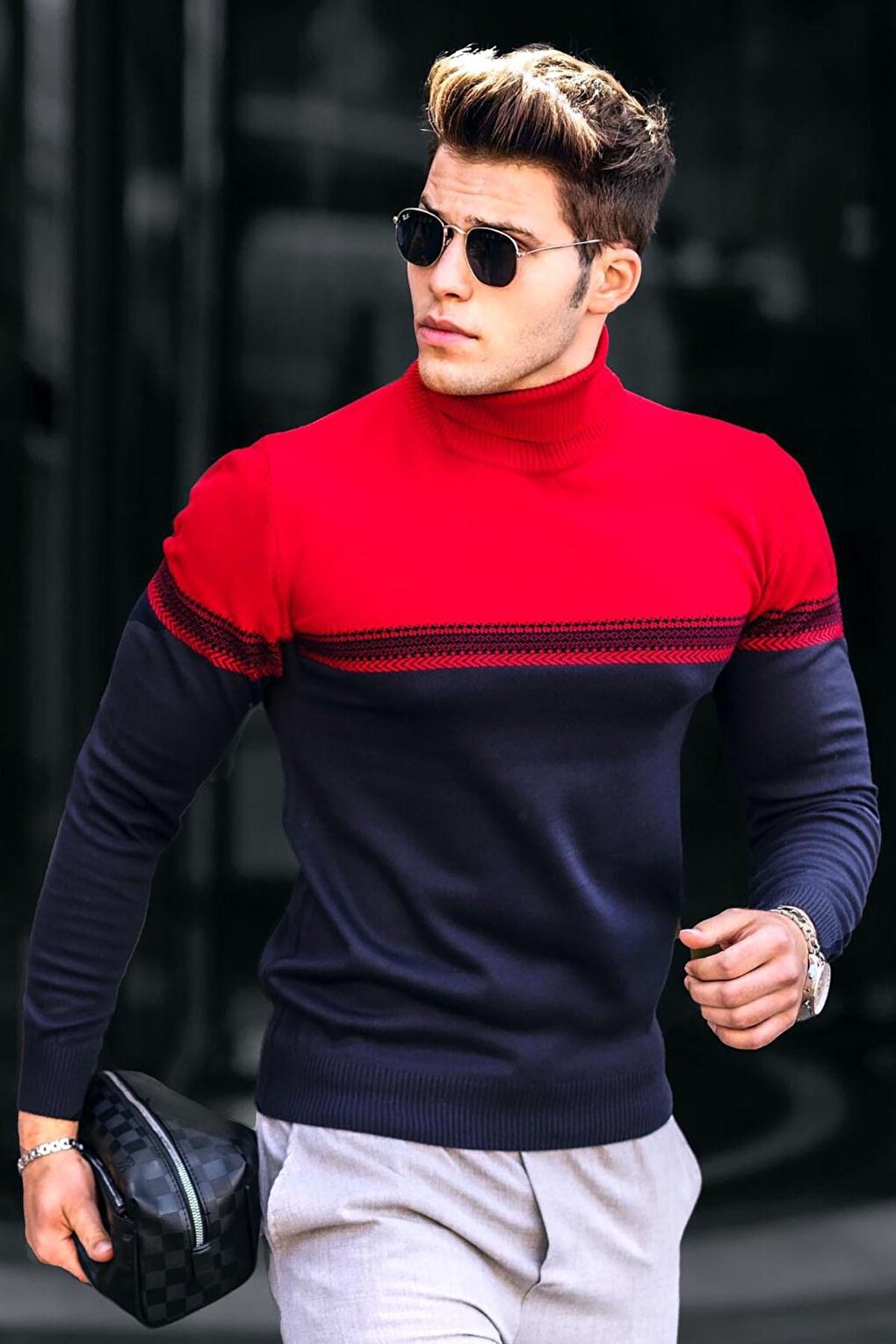 Red Color Block Turtleneck Sweater 4675