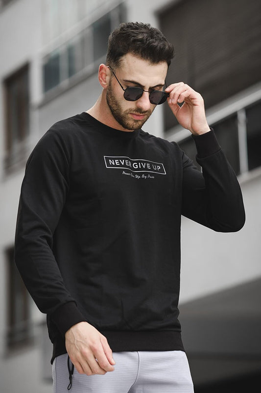 Never Give Up Printed Slim Fit Lycra Crew Neck Men's Sweatshirt