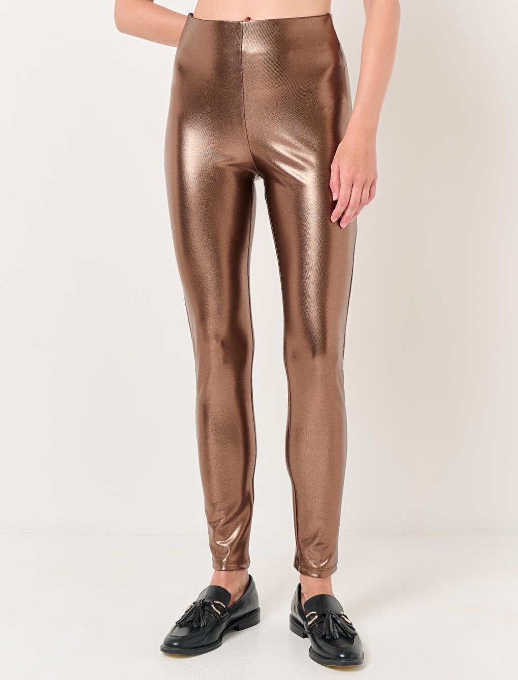 Copper High Waist Narrow Leg Shiny Leggings