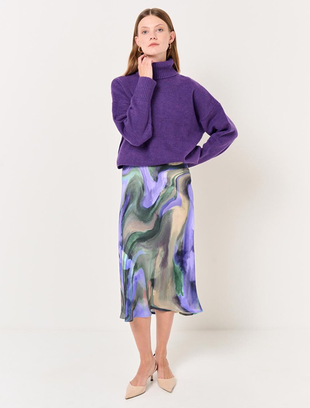 Mixed High Waist Abstract Pattern Midi Satin Skirt