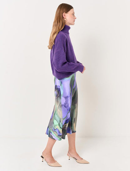 Mixed High Waist Abstract Pattern Midi Satin Skirt