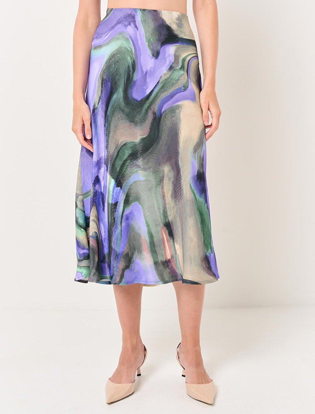 Mixed High Waist Abstract Pattern Midi Satin Skirt