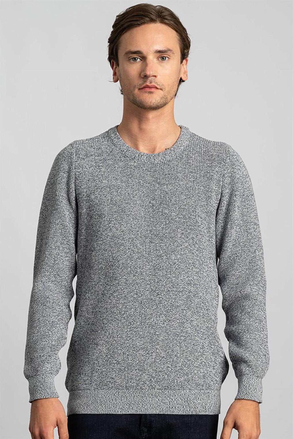 Slim Fit Crew Neck Self-Patterned Men's Gray Sweater