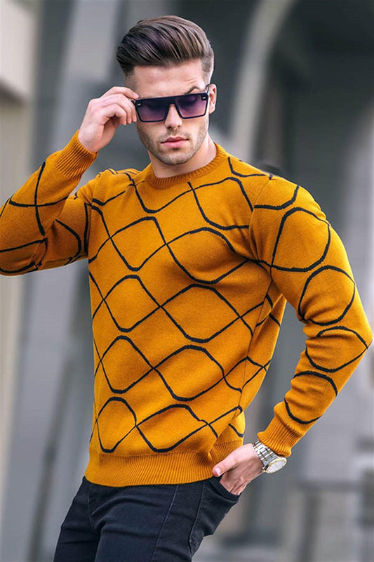 Mustard Patterned Crew Neck Knitwear Sweater 5988