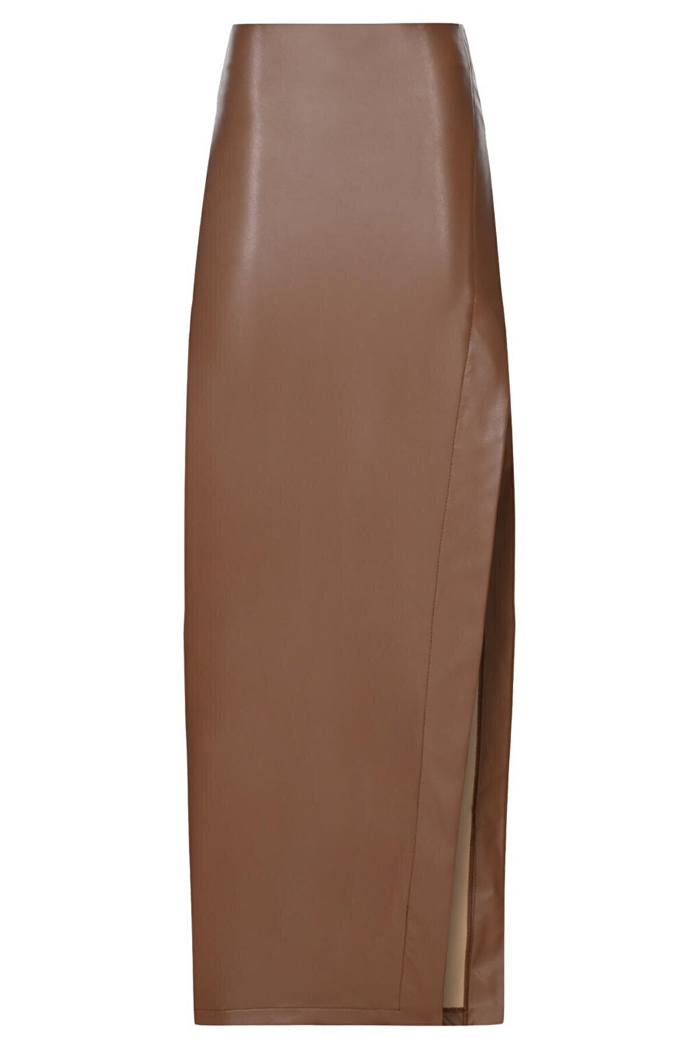 Brown Normal Waist Side Slit Faux Leather Midi Skirt