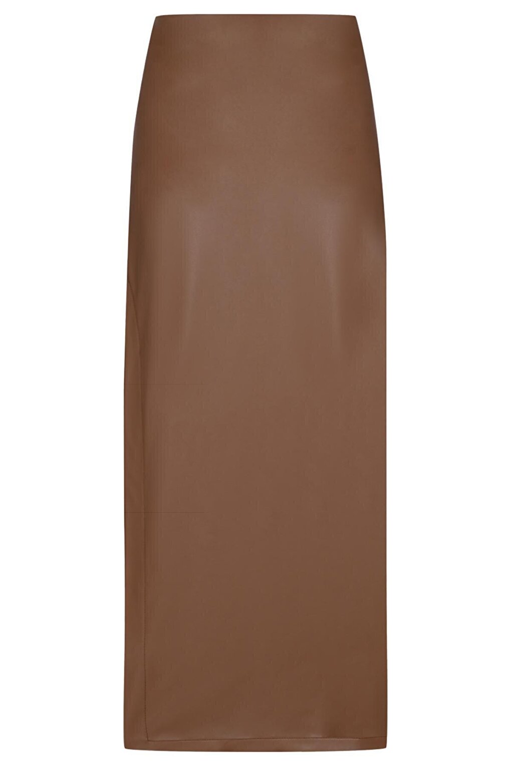 Brown Normal Waist Side Slit Faux Leather Midi Skirt