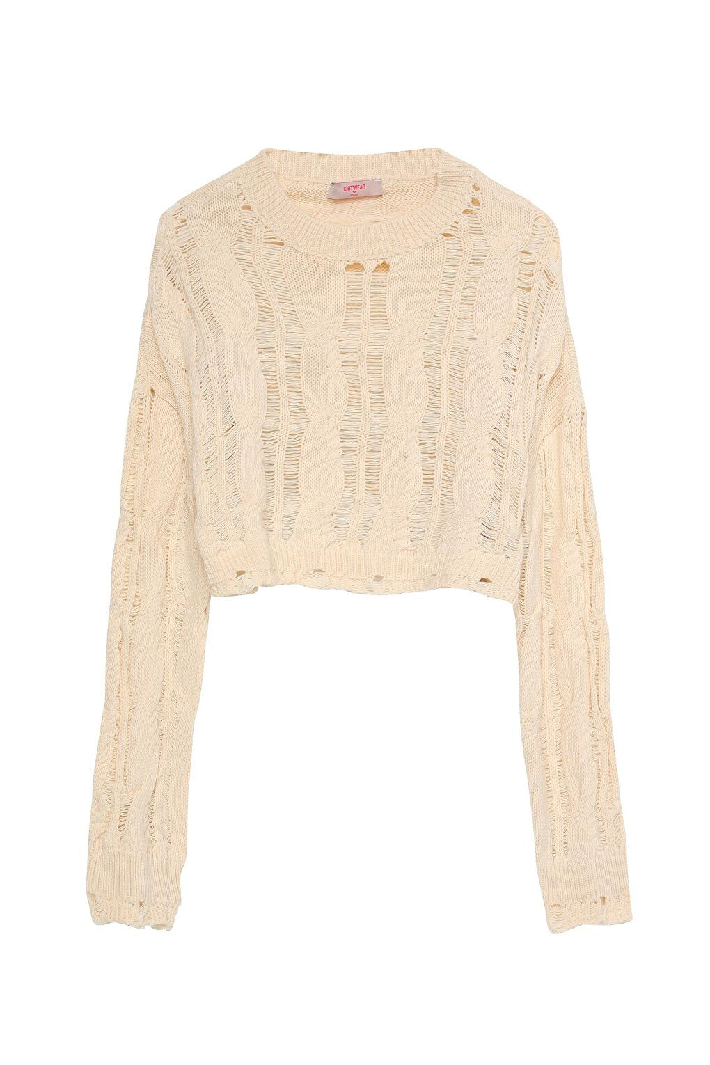 Ripped Detailed Crop Knitwear Cream