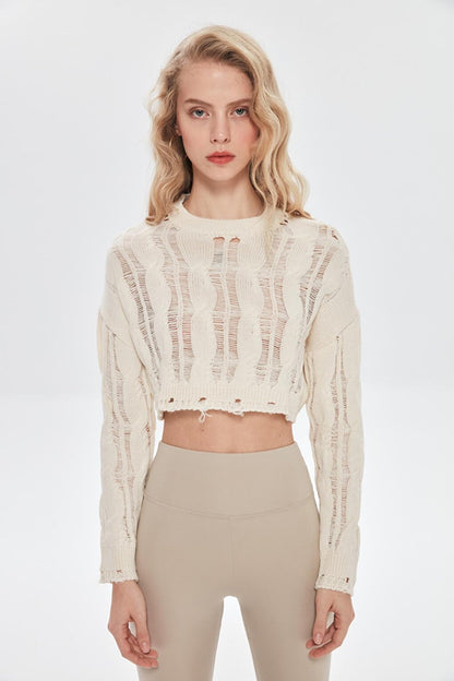 Ripped Detailed Crop Knitwear Cream