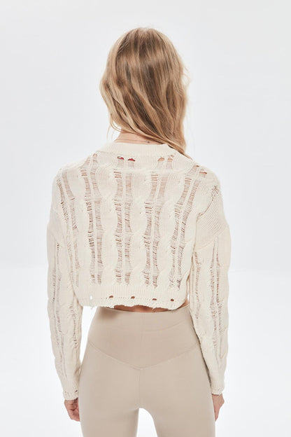 Ripped Detailed Crop Knitwear Cream