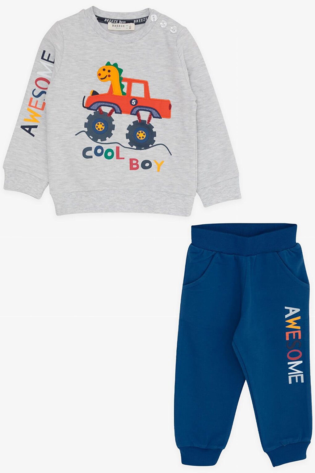 Baby Boy Tracksuit Set Dinosaur Embroidered Light Gray Melange (Age 1)