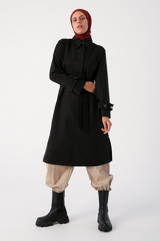 Black Half Placket Sleeves with Epaulettes and Belted Tunic