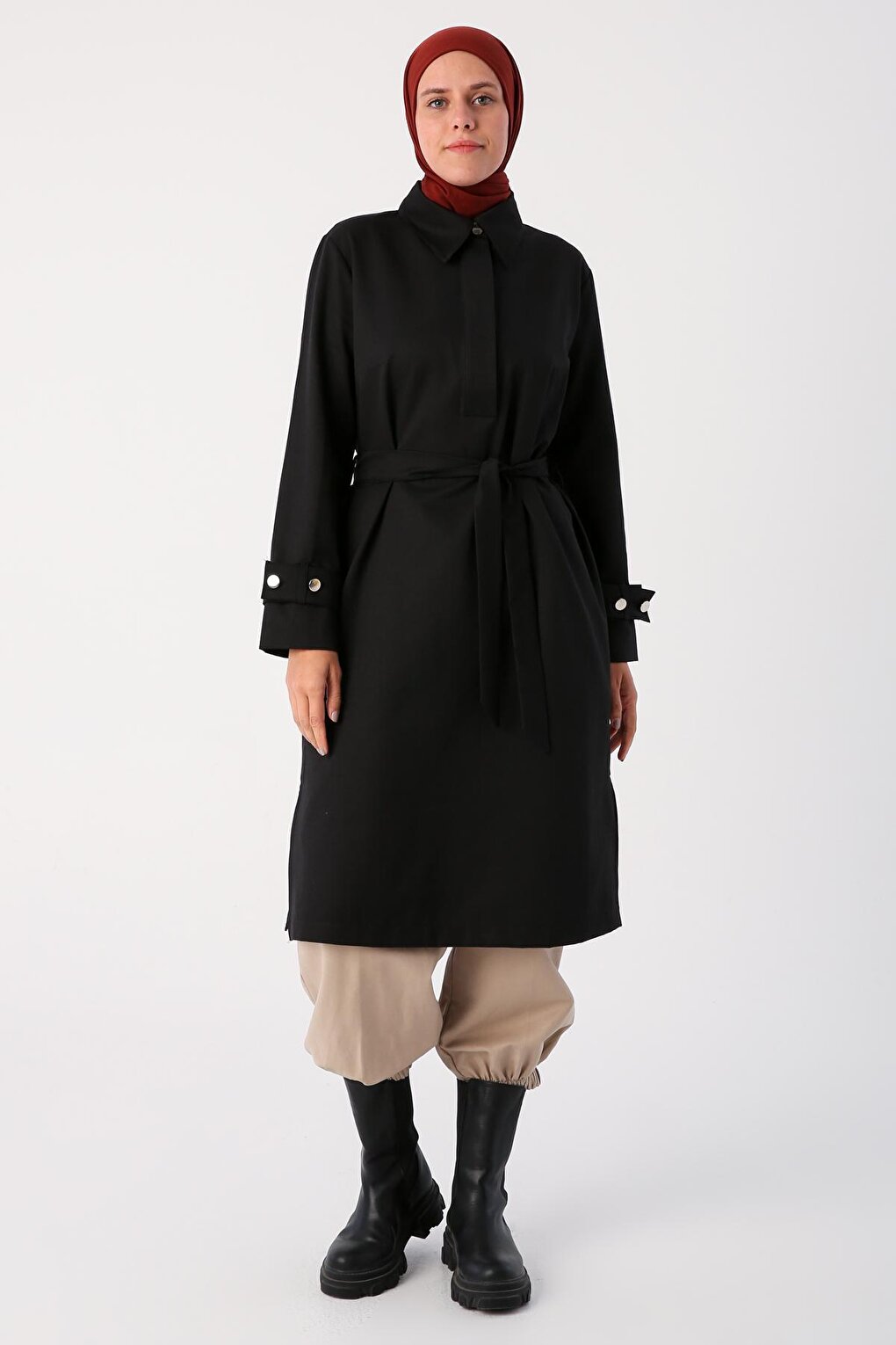 Black Half Placket Sleeves with Epaulettes and Belted Tunic