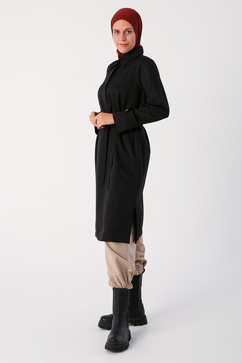 Black Half Placket Sleeves with Epaulettes and Belted Tunic