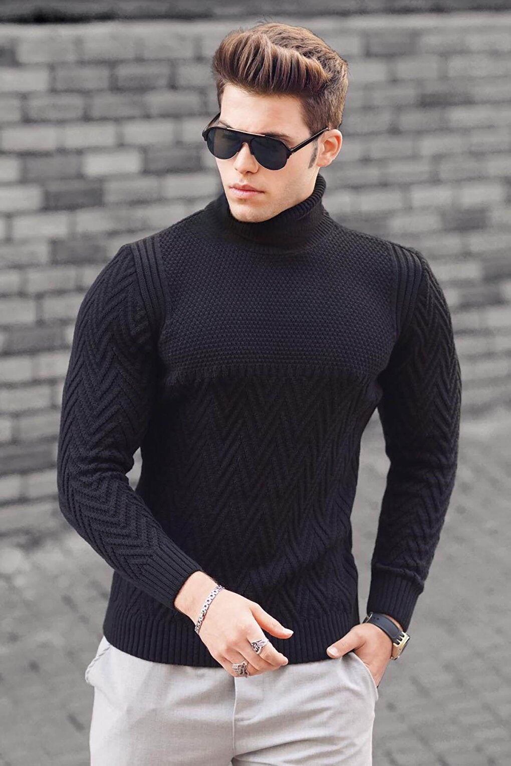 Black Turtleneck Knitted Patterned Sweater 4655