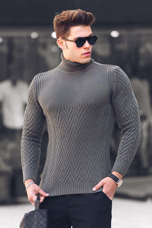 Khaki Turtleneck Knitted Patterned Sweater 4655