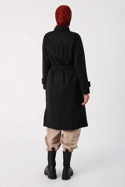 Black Half Placket Sleeves with Epaulettes and Belted Tunic